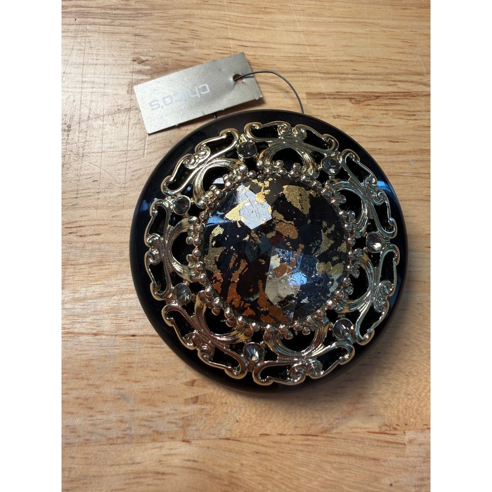 Chicos Gold Black Resin Gold Leaf Foil Brooch Pin Ornate Filigree Statement New